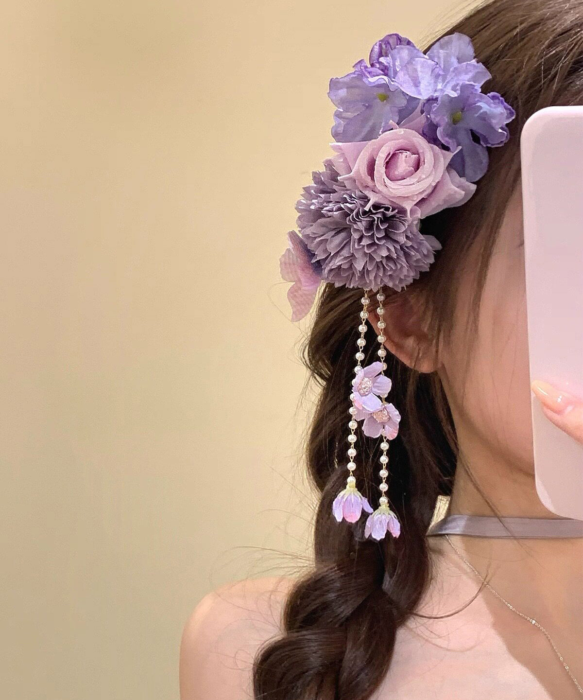 Chinese Style Purple Cloth Floral Beading Tassel Hairpin