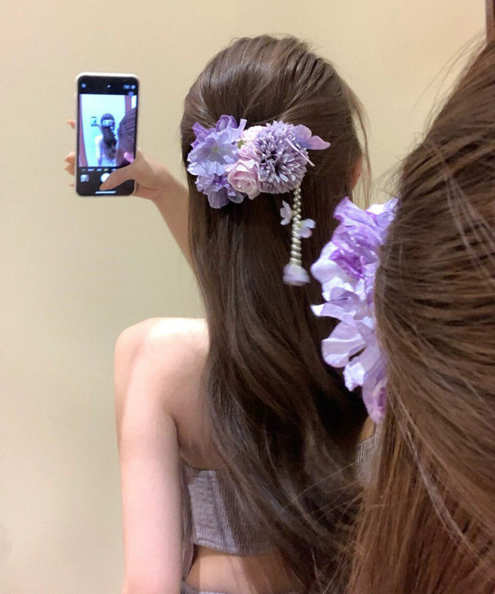 Chinese Style Purple Cloth Floral Beading Tassel Hairpin
