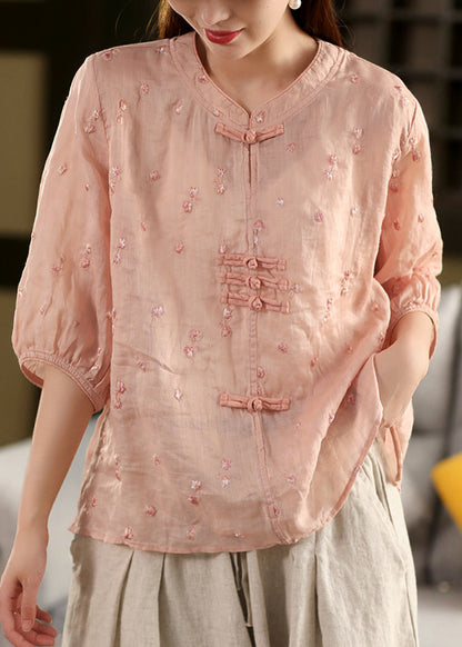 Chinese Style Purple Embroidered Oriental Button Linen Top Summer