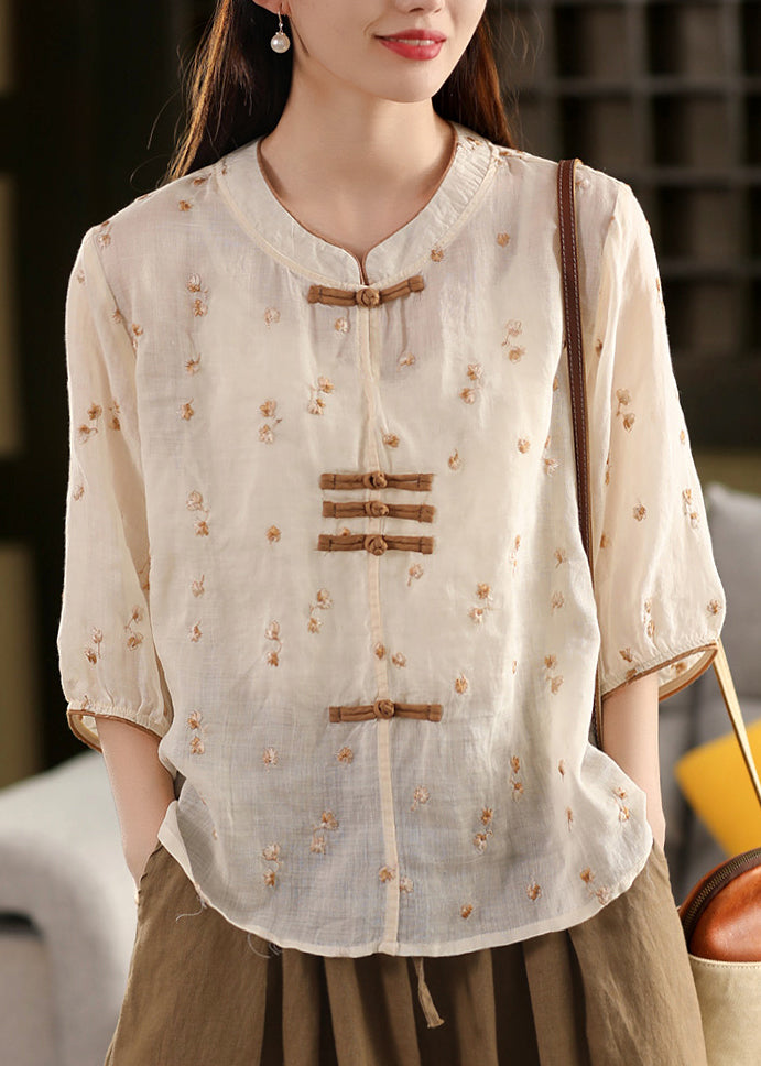 Chinese Style Purple Embroidered Oriental Button Linen Top Summer