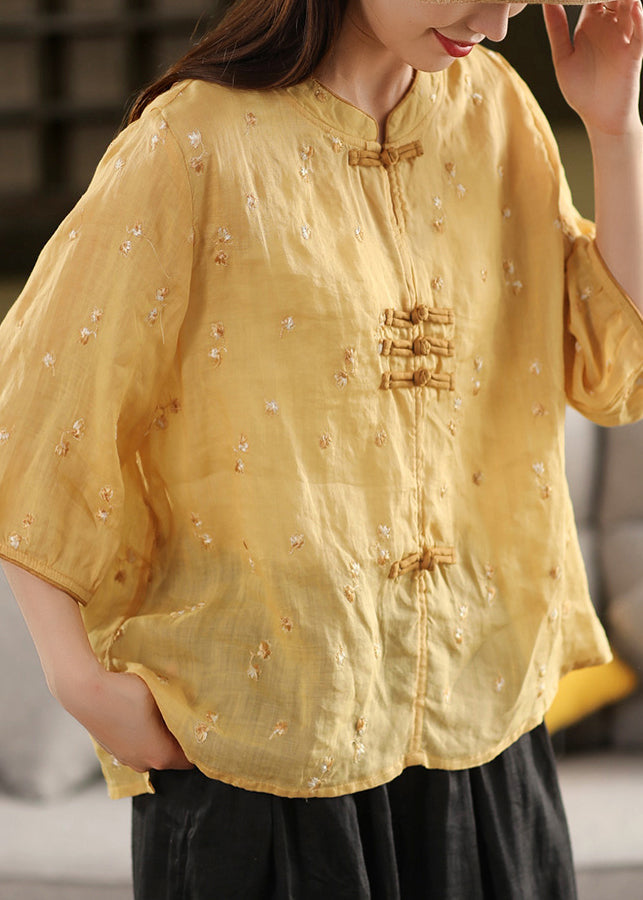 Chinese Style Purple Embroidered Oriental Button Linen Top Summer