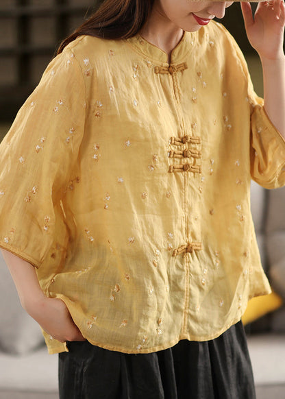 Chinese Style Purple Embroidered Oriental Button Linen Top Summer