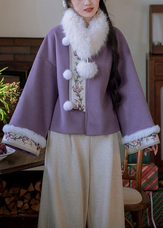 Parka de invierno de algodón con cuello de piel morado y bolas peludas de estilo chino