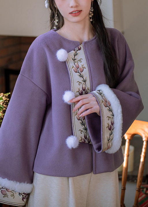 Chinese Style Purple Fur Collar Fuzzy Ball Patchwork Cotton Filled Parka Winter