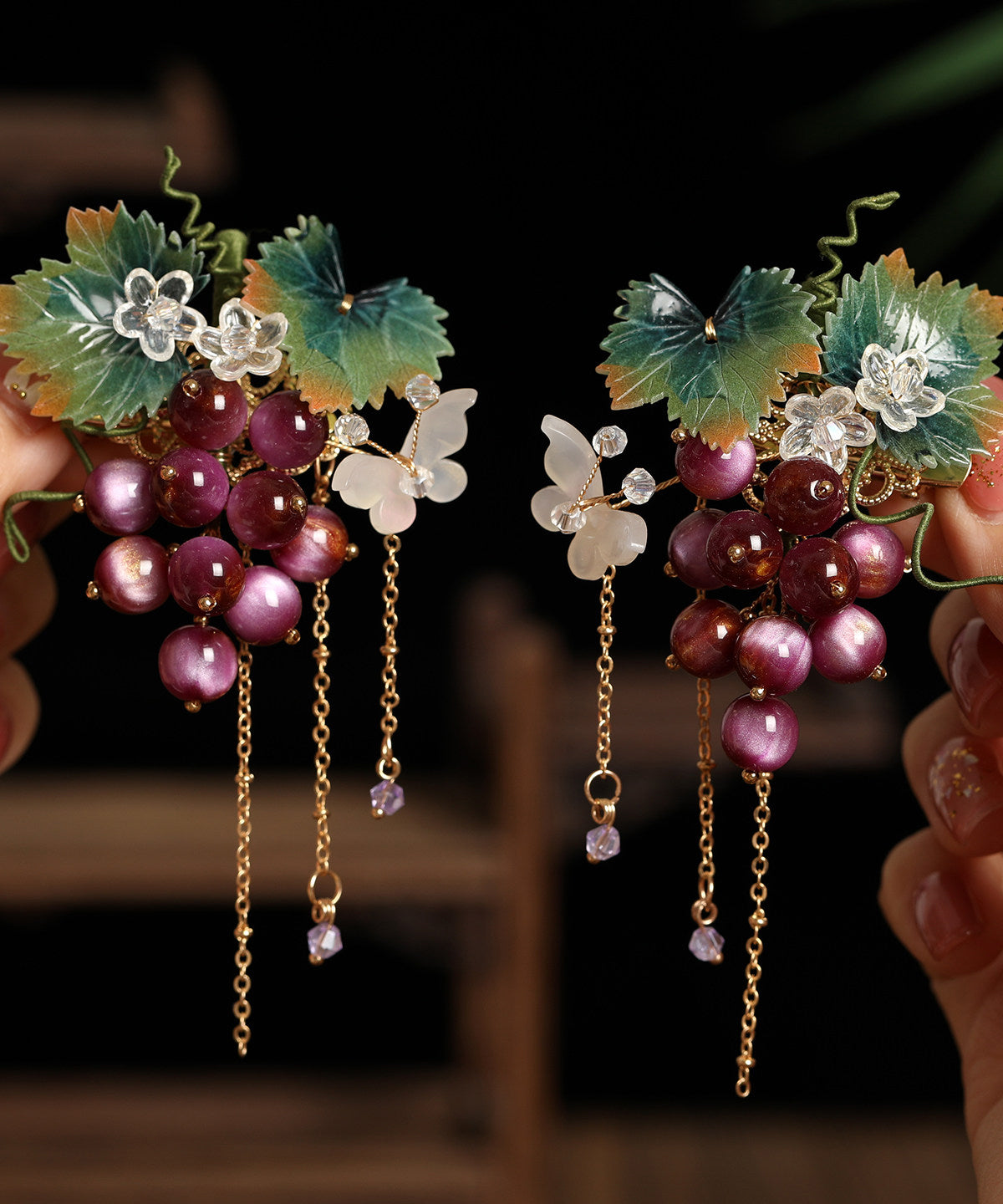 Chinese Style Purple Metal Resin Grape Tassel A Pair Hairpin