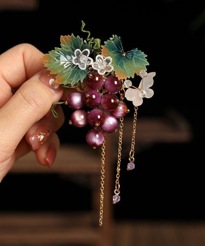 Chinese Style Purple Metal Resin Grape Tassel A Pair Hairpin