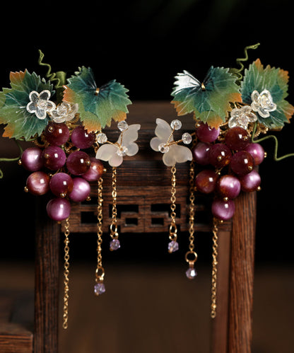 Chinese Style Purple Metal Resin Grape Tassel A Pair Hairpin