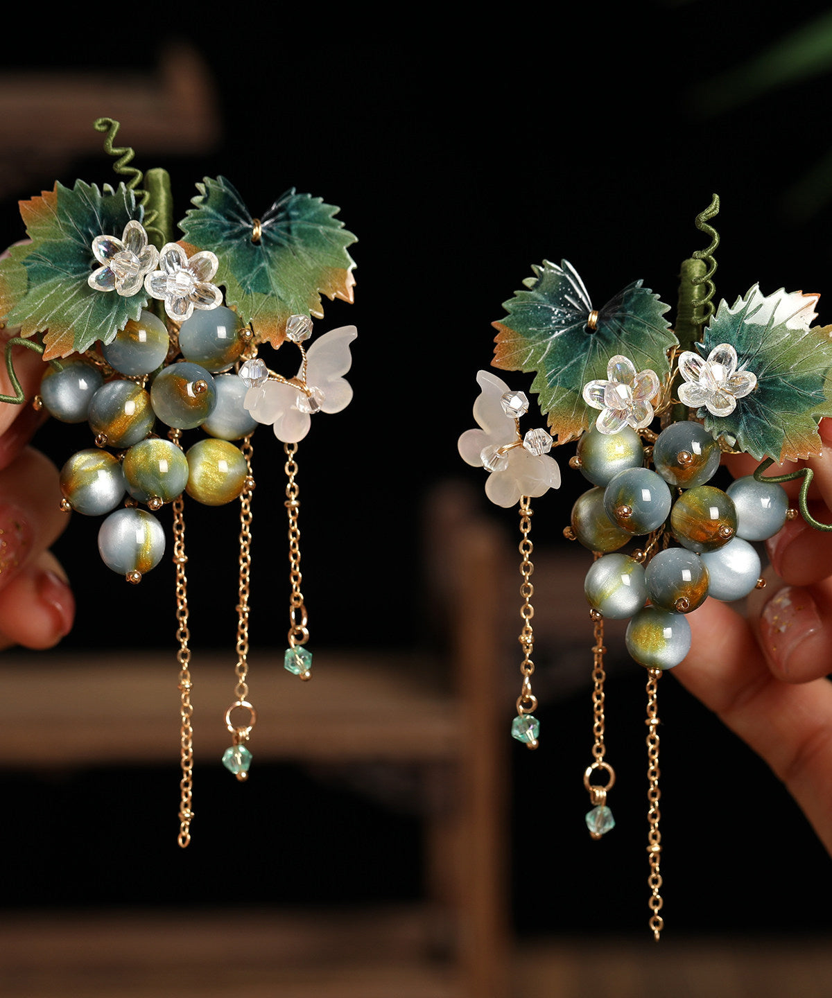 Chinese Style Purple Metal Resin Grape Tassel A Pair Hairpin