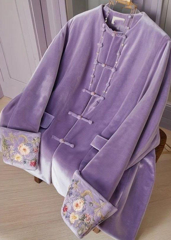 Blusa de terciopelo de seda con botones bordados y cuello redondo morado estilo chino para primavera