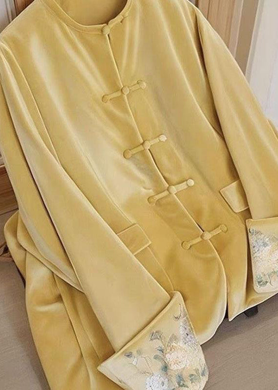 Blusa de terciopelo de seda con botones bordados y cuello redondo morado estilo chino para primavera