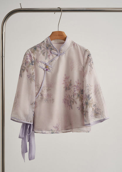 Zweiteiliges orientalisches Outfit im chinesischen Stil mit lila Seidenmuster, Frühlings