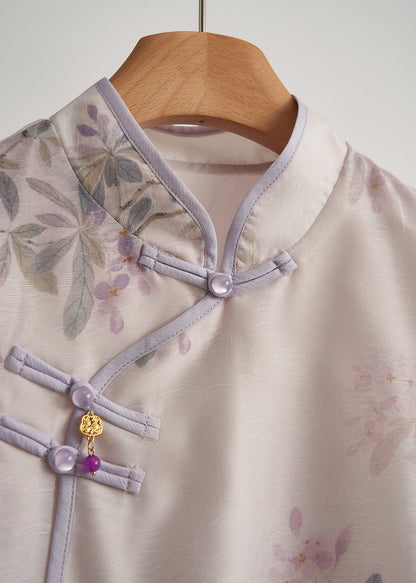 Zweiteiliges orientalisches Outfit im chinesischen Stil mit lila Seidenmuster, Frühlings