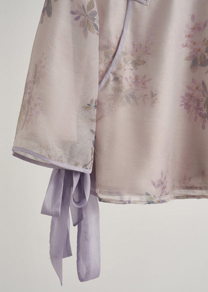 Zweiteiliges orientalisches Outfit im chinesischen Stil mit lila Seidenmuster, Frühlings