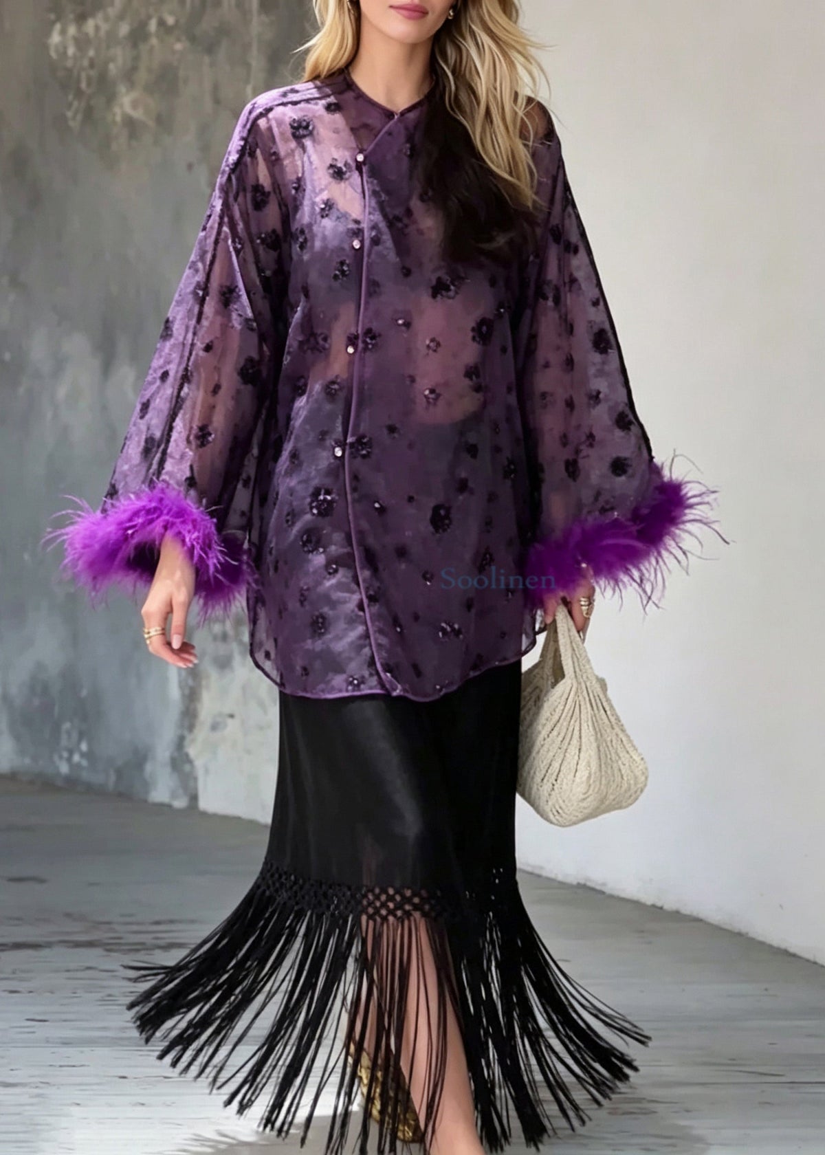 Chinese Style Purple Sequins Feathers Top And Tassel Skirts Two Piece Set Long Sleeve