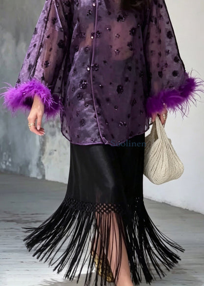 Chinese Style Purple Sequins Feathers Top And Tassel Skirts Two Piece Set Long Sleeve