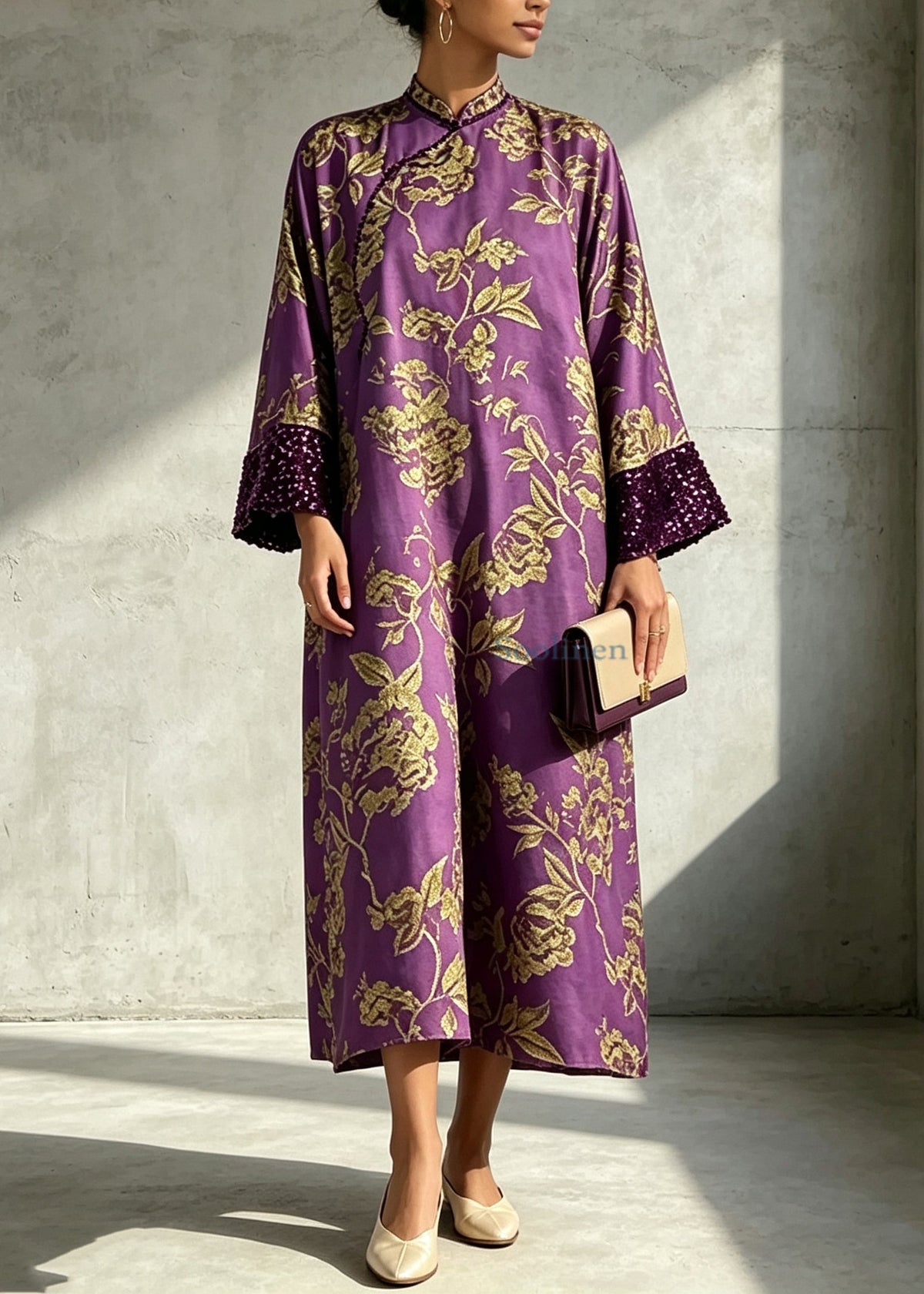 Chinese Style Purple Sequins Print Dress Long Sleeve