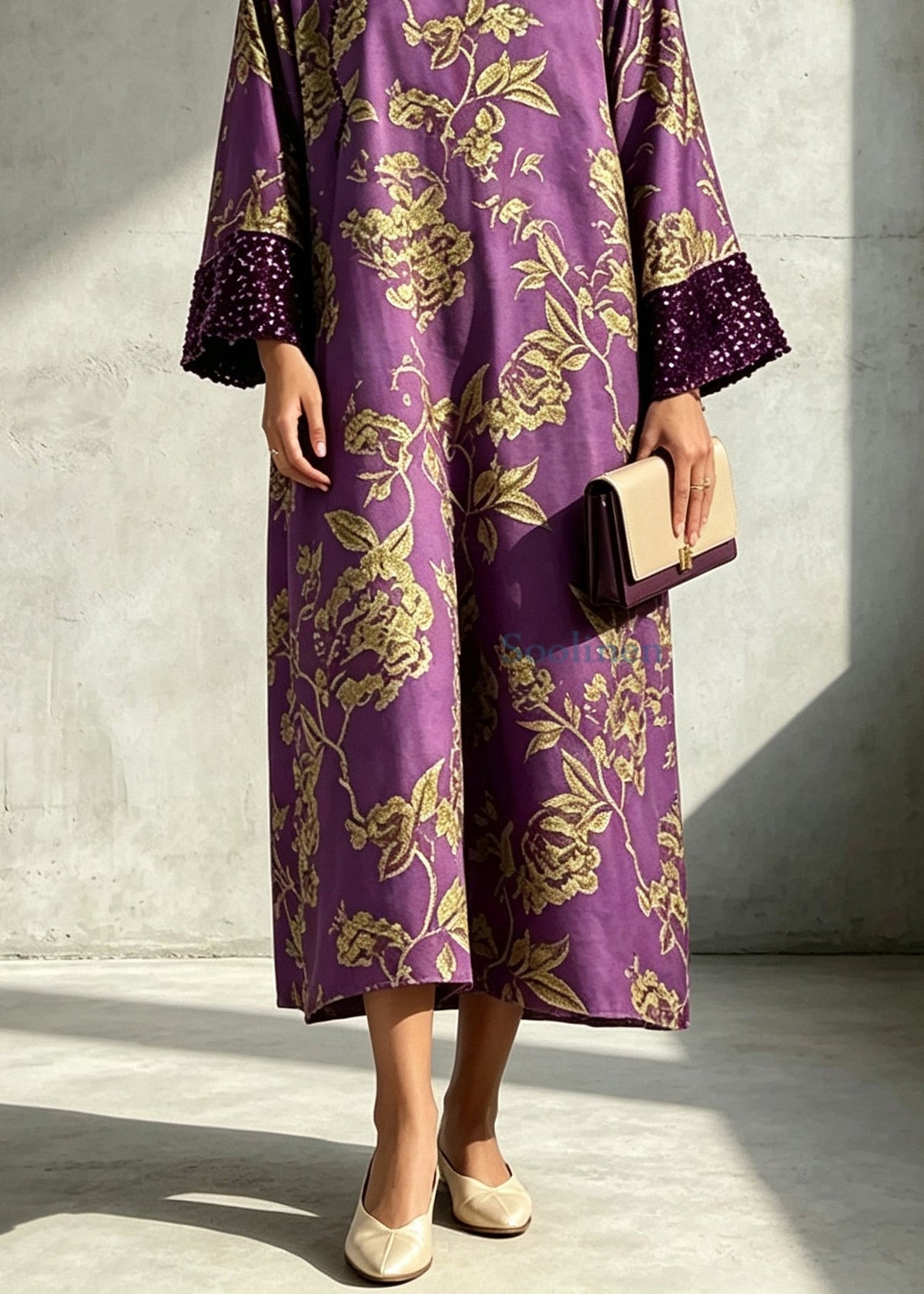 Chinese Style Purple Sequins Print Dress Long Sleeve