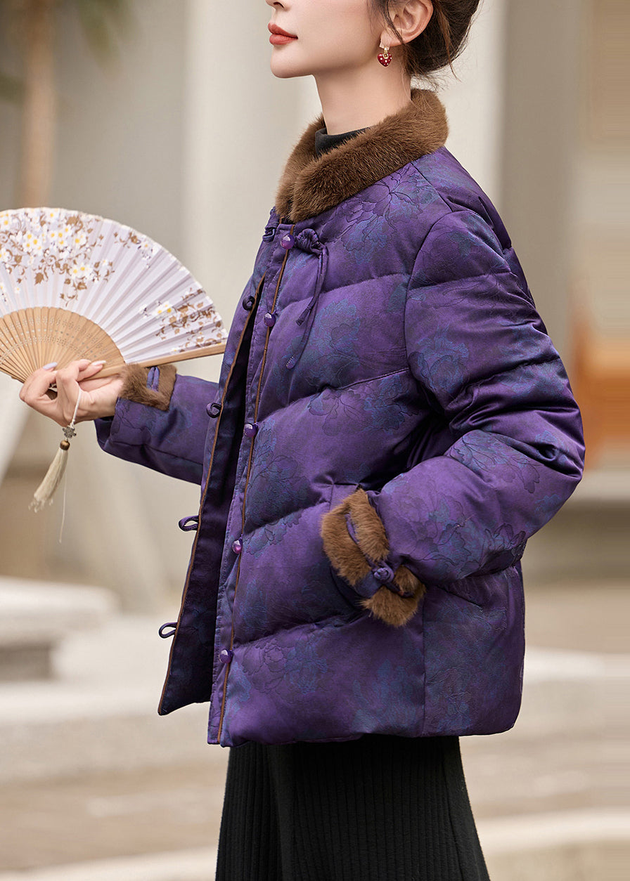 Abrigos de plumón de pato estilo chino morados con cuello alto y patchwork para invierno