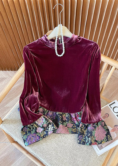 Chinese Style Purple Stand Collar Patchwork Velour Shirt Top Spring