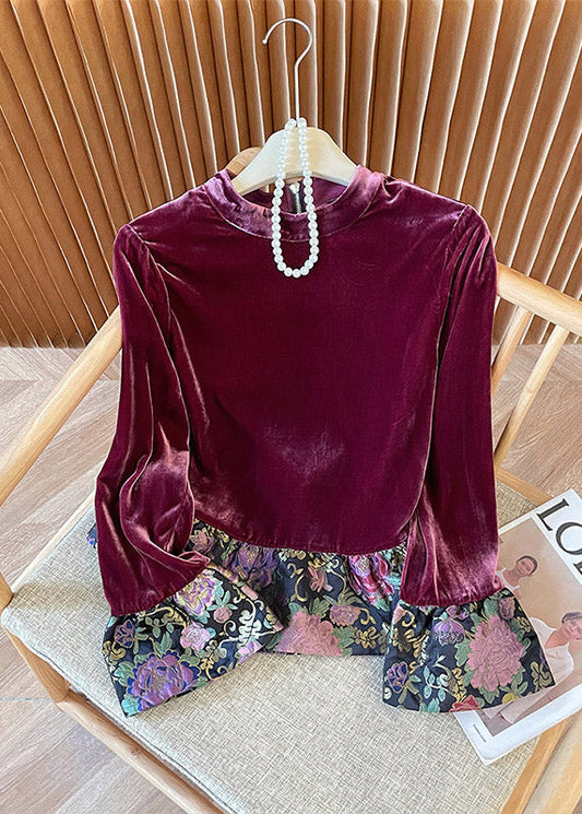 Chinese Style Purple Stand Collar Patchwork Velour Shirt Top Spring