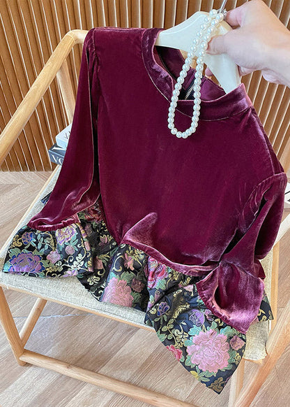 Chinese Style Purple Stand Collar Patchwork Velour Shirt Top Spring