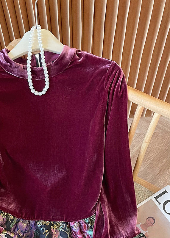 Chinese Style Purple Stand Collar Patchwork Velour Shirt Top Spring