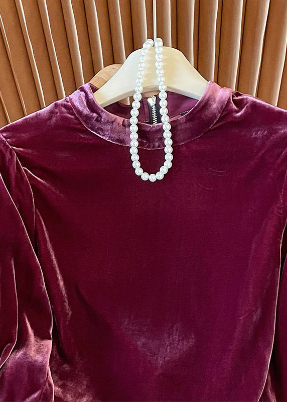 Chinese Style Purple Stand Collar Patchwork Velour Shirt Top Spring