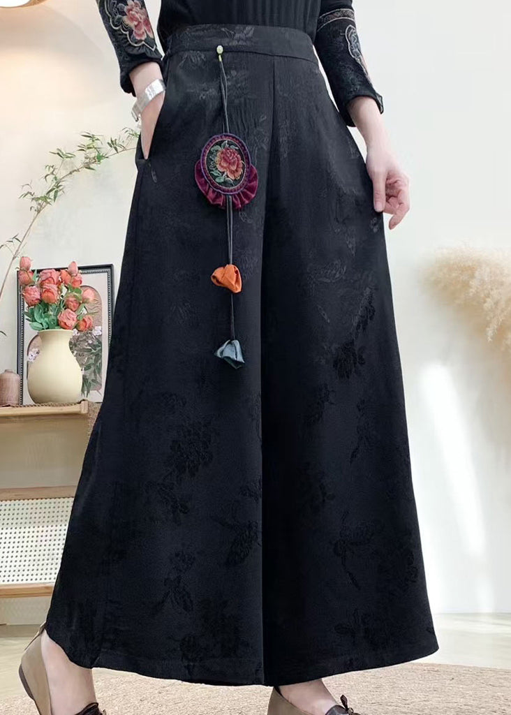 Lila Jacquard-Seidenhose im chinesischen Stil mit Quastentaschen für den Herbst