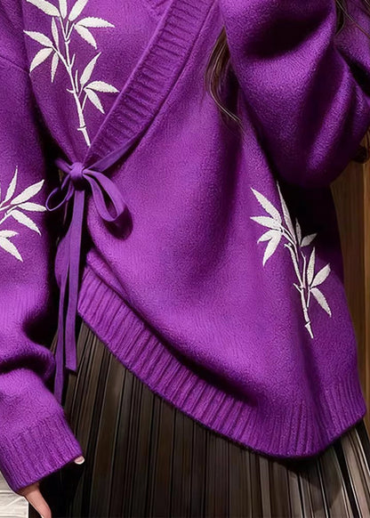 Chinese Style Purple Tie Waist Thick Print Cotton Knit Sweater Tops Fall