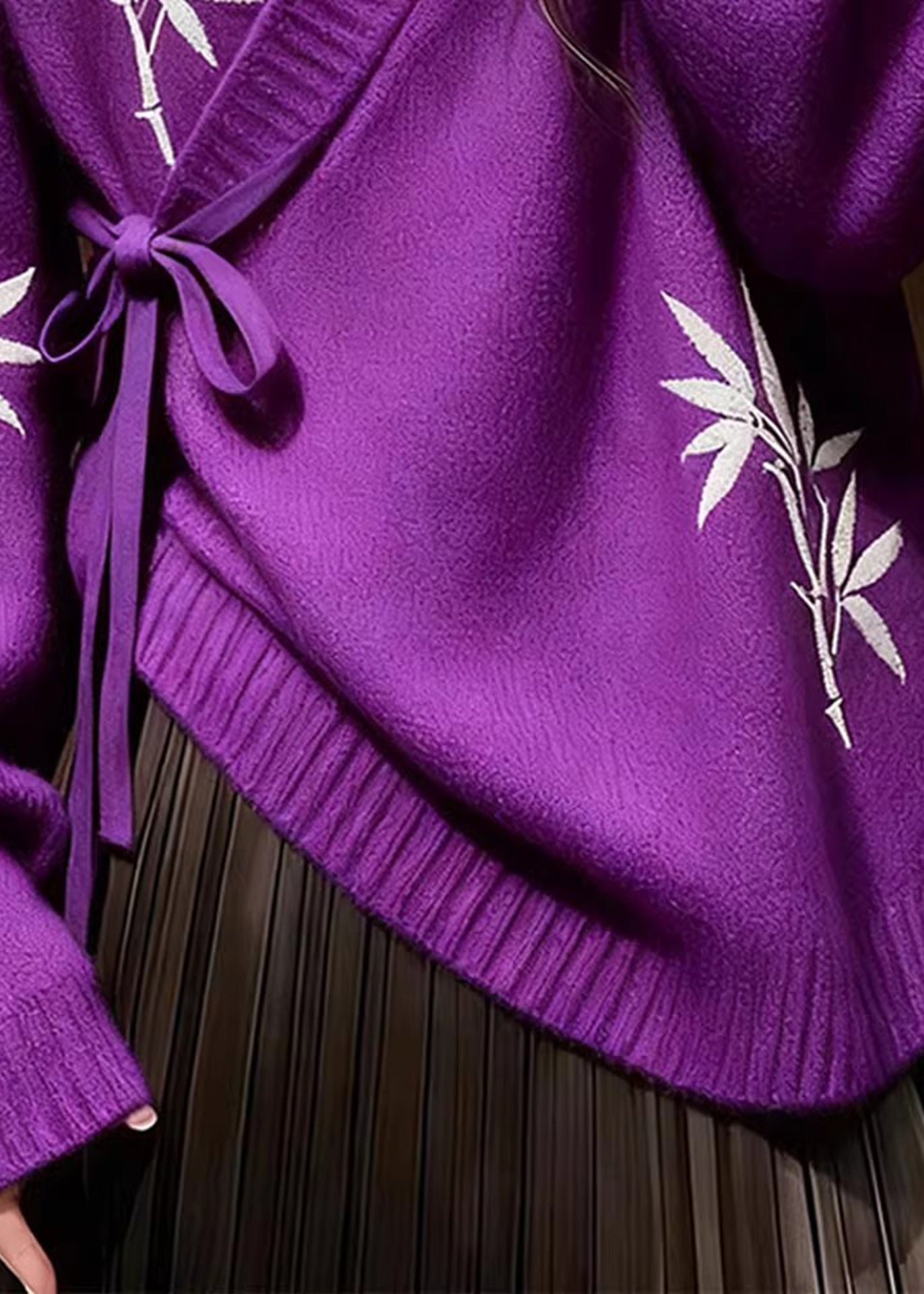 Chinese Style Purple Tie Waist Thick Print Cotton Knit Sweater Tops Fall
