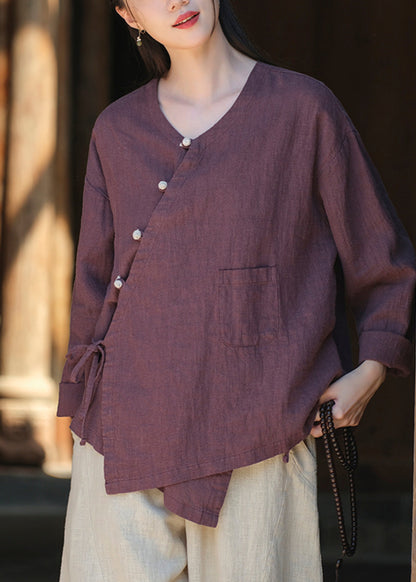 Chinese Style Purple V Neck Lace Up Pockets Cotton Blouses Fall