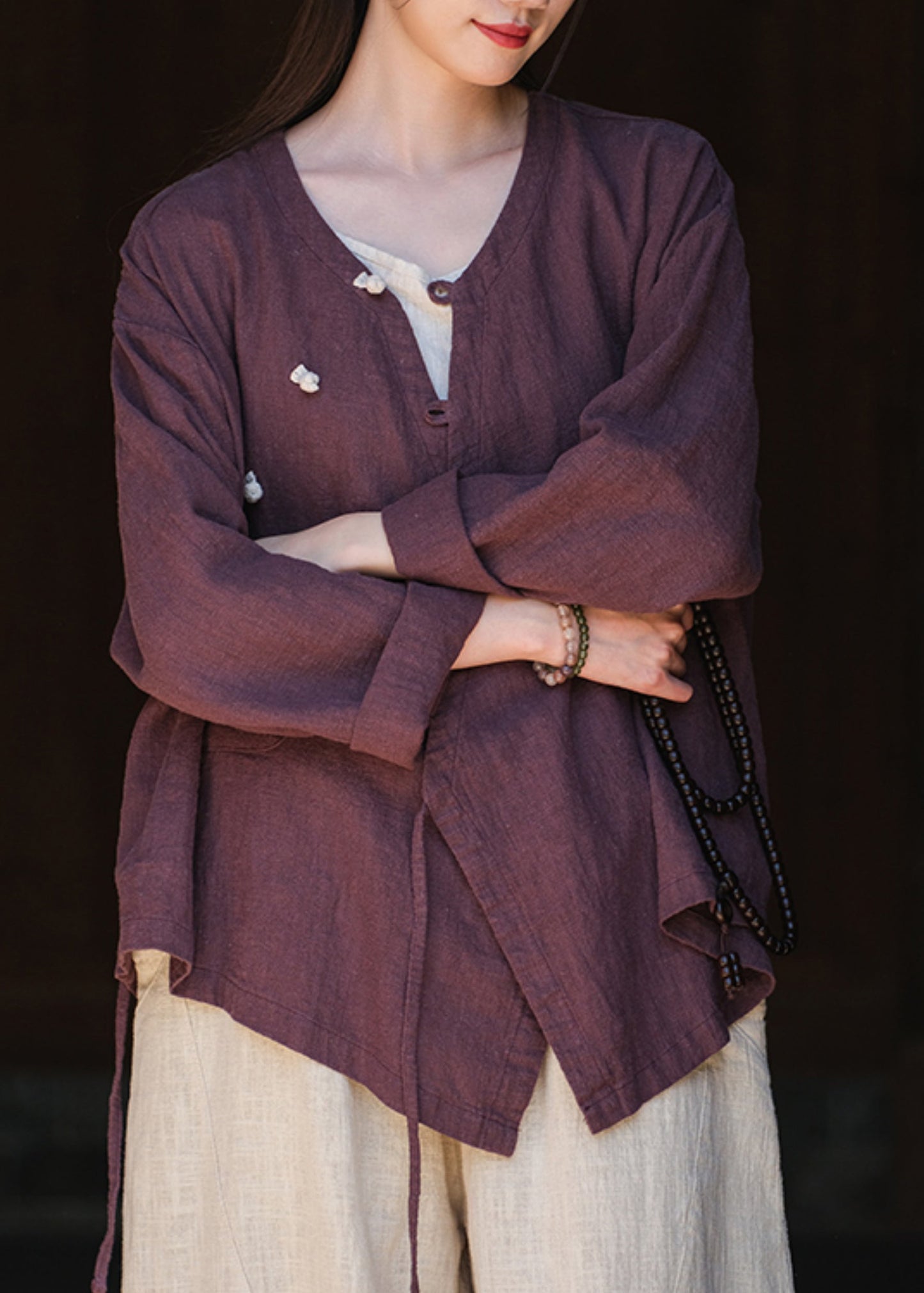 Chinese Style Purple V Neck Lace Up Pockets Cotton Blouses Fall