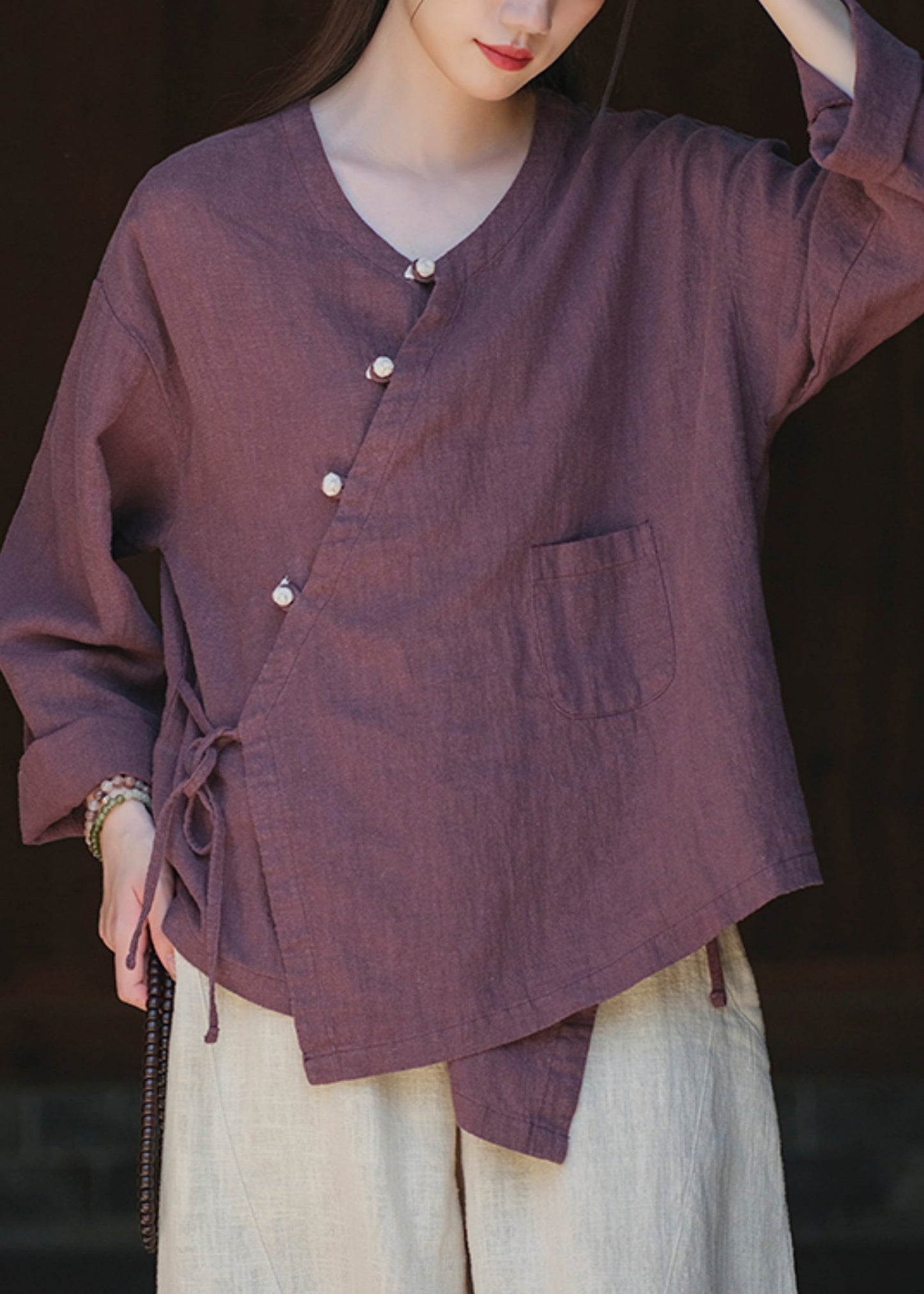 Chinese Style Purple V Neck Lace Up Pockets Cotton Blouses Fall