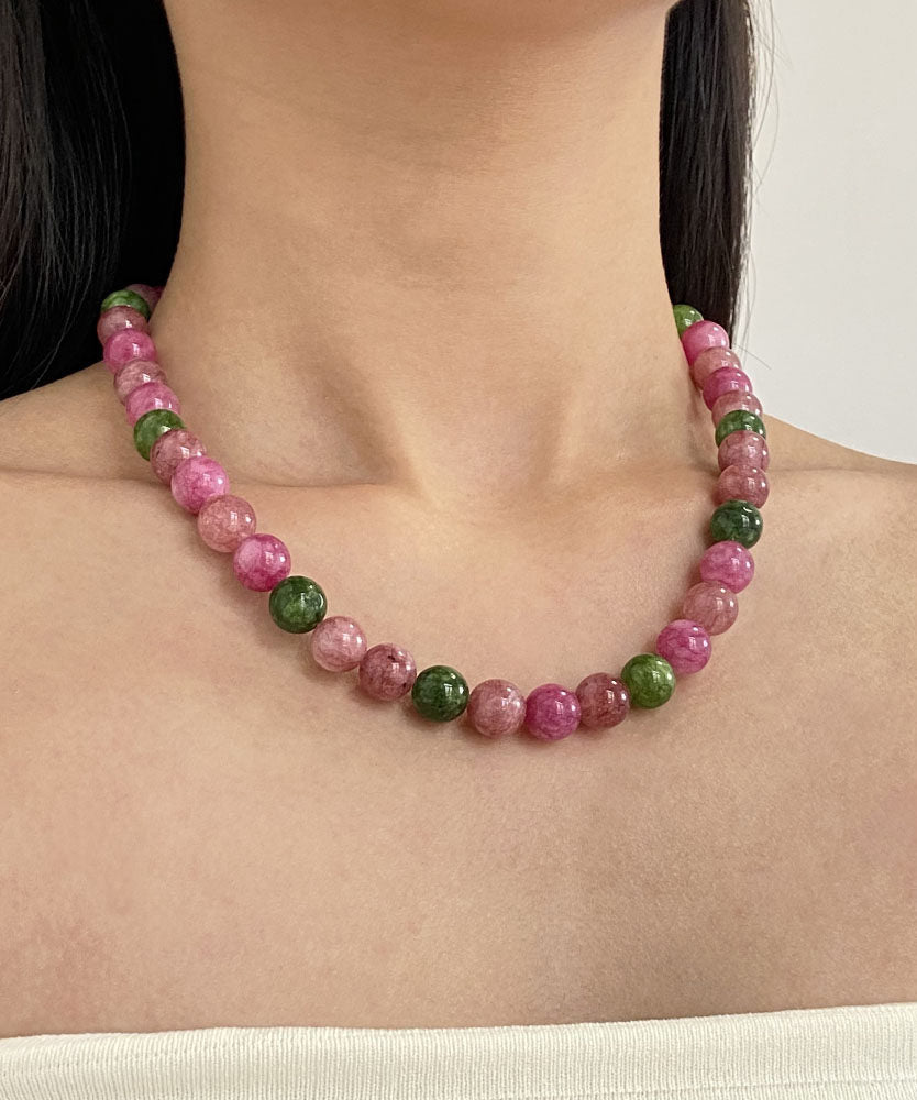 Chinese Style Rainbow Alloy Gem Stone Agate Gratuated Bead Necklace