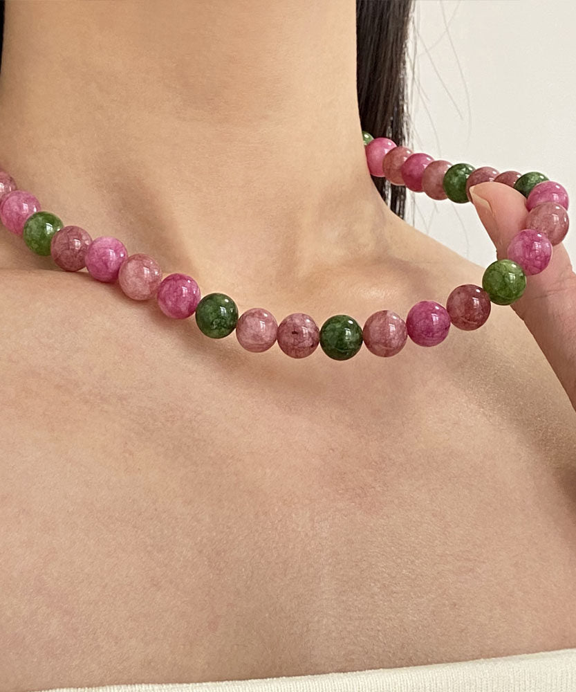 Chinese Style Rainbow Alloy Gem Stone Agate Gratuated Bead Necklace