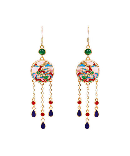 Chinese Style Rainbow Copper Overgild Jade Enamel Tassel Drop Earrings