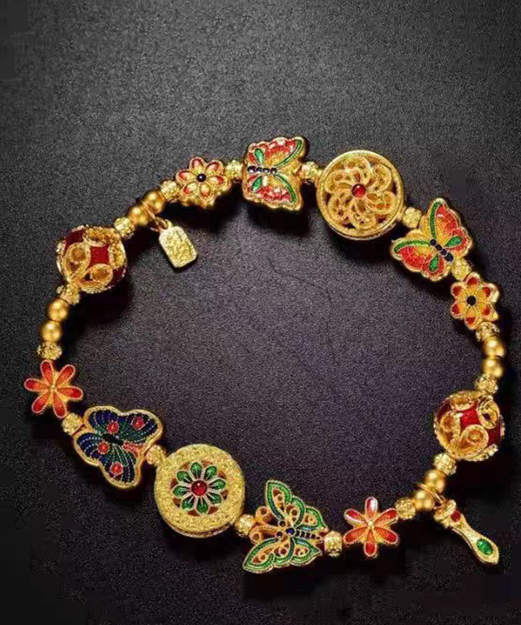 Chinese Style Rainbow Sterling Silver Overgild Enamel Butterfly Charm Bracelet