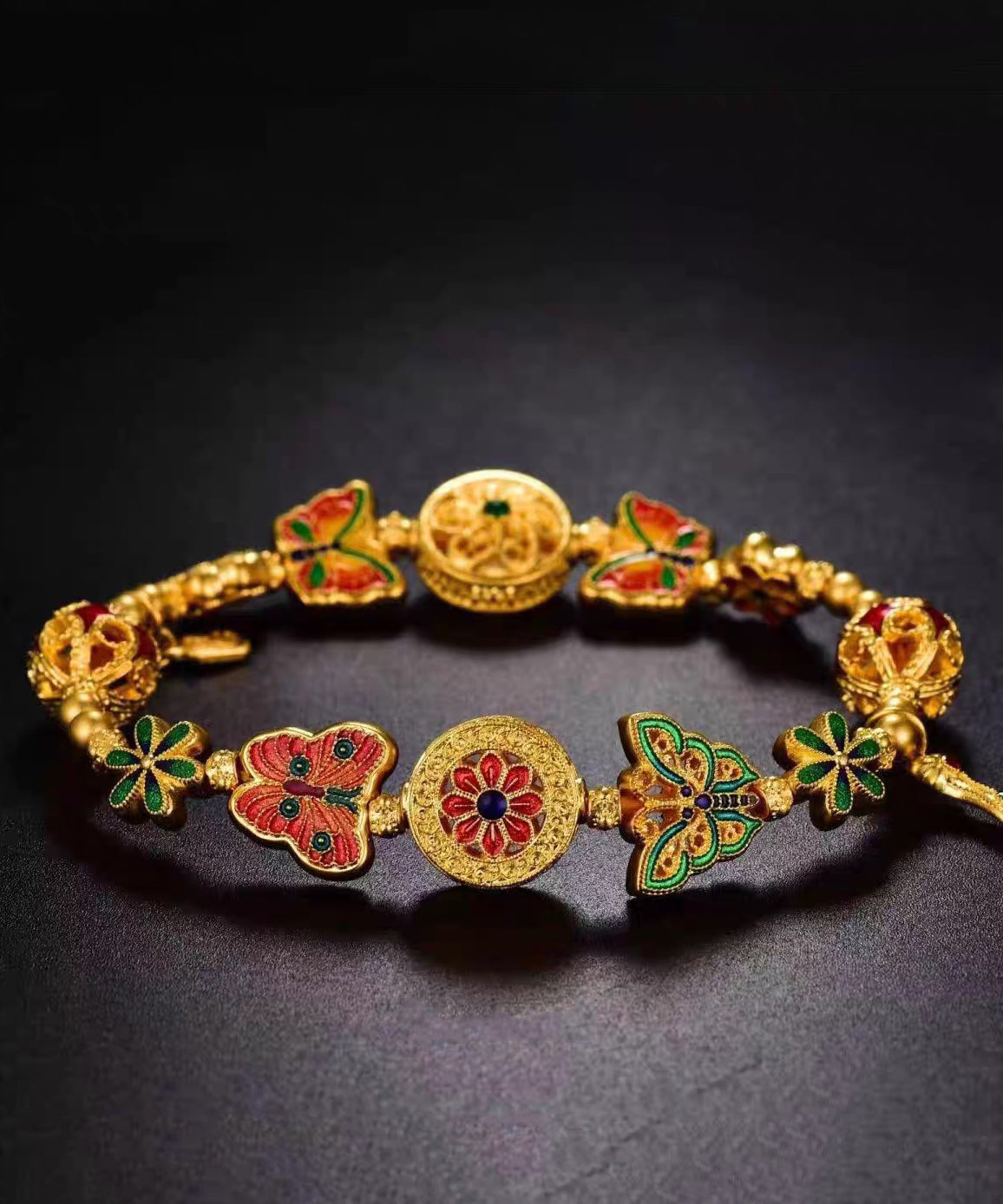Chinese Style Rainbow Sterling Silver Overgild Enamel Butterfly Charm Bracelet