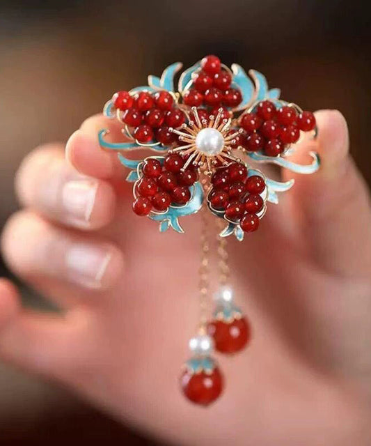Chinese Style Red Alloy Floral Pearl Tassel Hairpin