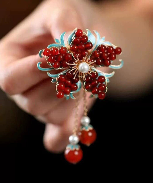 Chinese Style Red Alloy Floral Pearl Tassel Hairpin