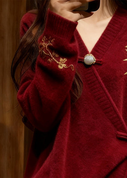 Roter, bestickter Baumwollstrickpullover im chinesischen Stil mit Bindegürtel für den Herbst