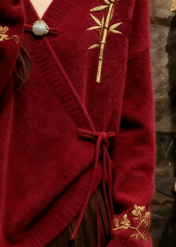 Roter, bestickter Baumwollstrickpullover im chinesischen Stil mit Bindegürtel für den Herbst