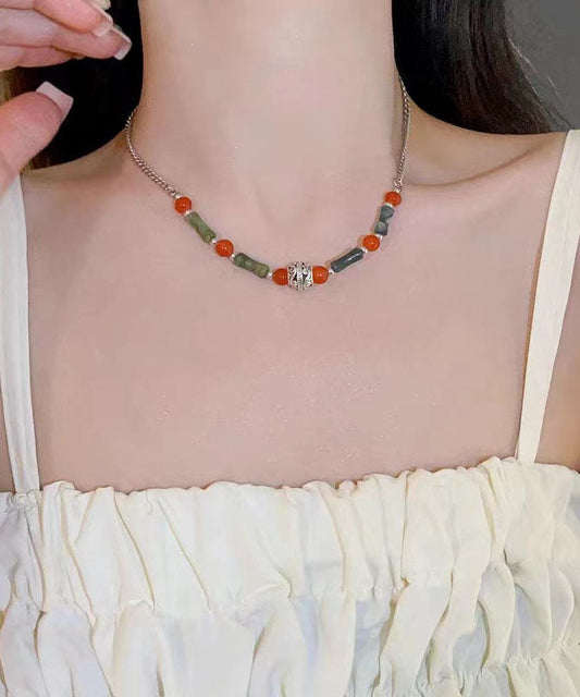 Chinesischen Stil Rot Grün Edelstahl Overgild Chalcedon Bambus Joint Patchwork Gratuated Bead Halskette