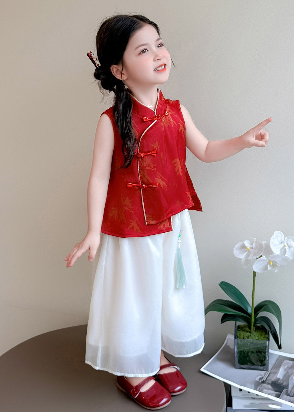 Chinese Style Red Kids Chiffon Top And Wide Leg Pants Two Pieces Set Sleeveless