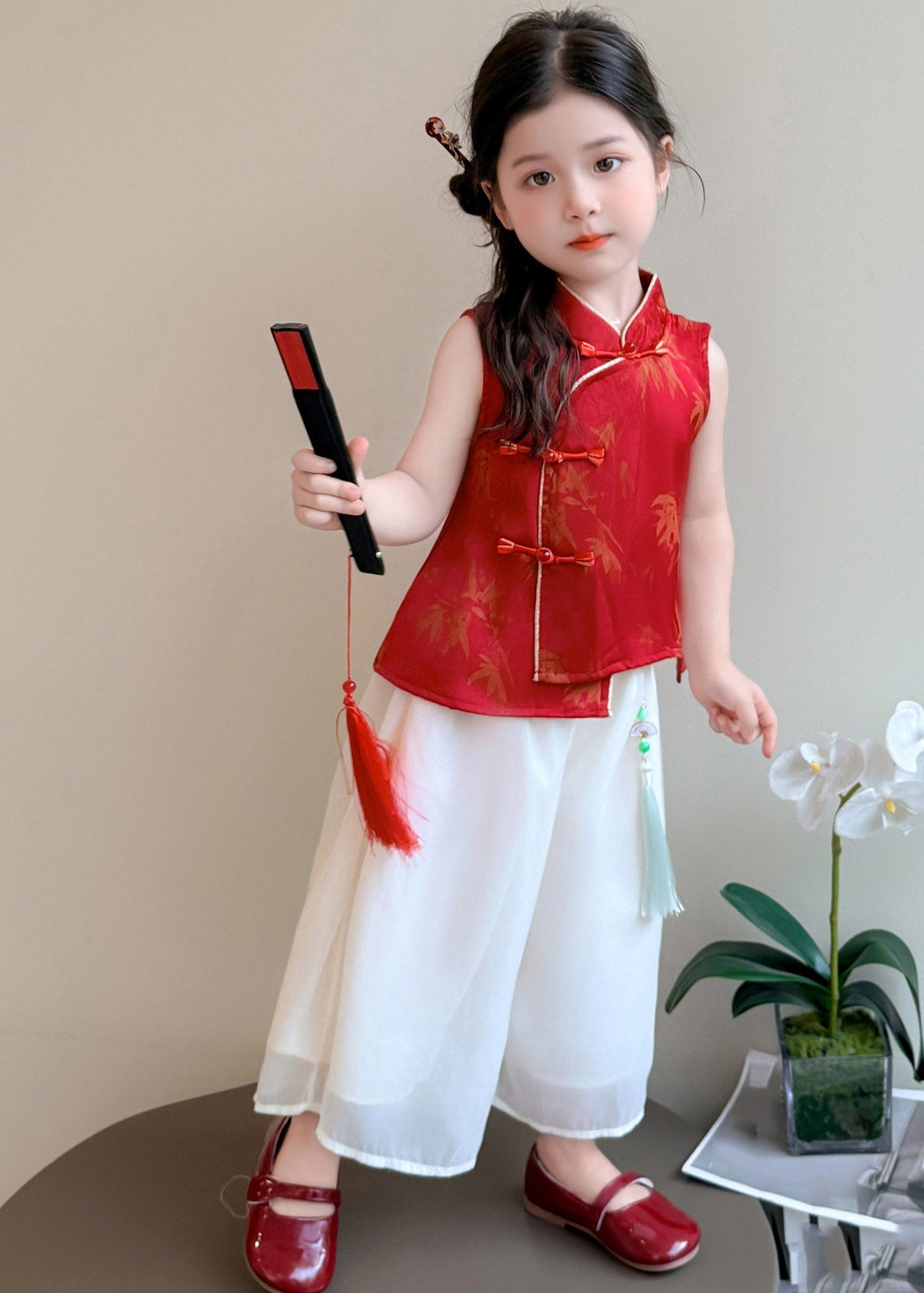 Chinese Style Red Kids Chiffon Top And Wide Leg Pants Two Pieces Set Sleeveless