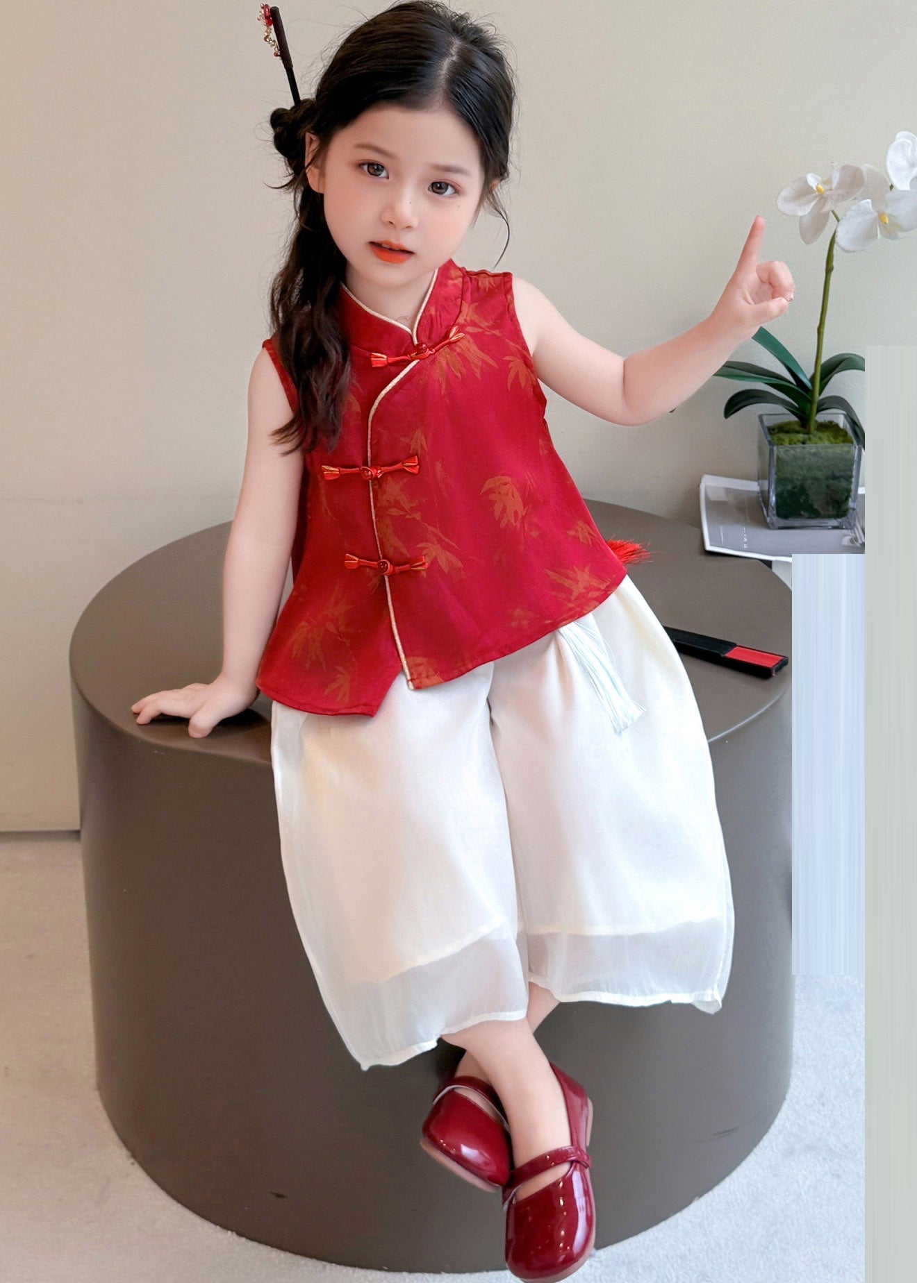 Chinese Style Red Kids Chiffon Top And Wide Leg Pants Two Pieces Set Sleeveless