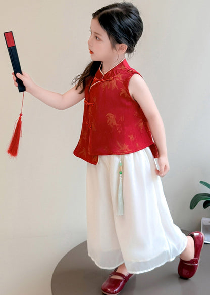 Chinese Style Red Kids Chiffon Top And Wide Leg Pants Two Pieces Set Sleeveless