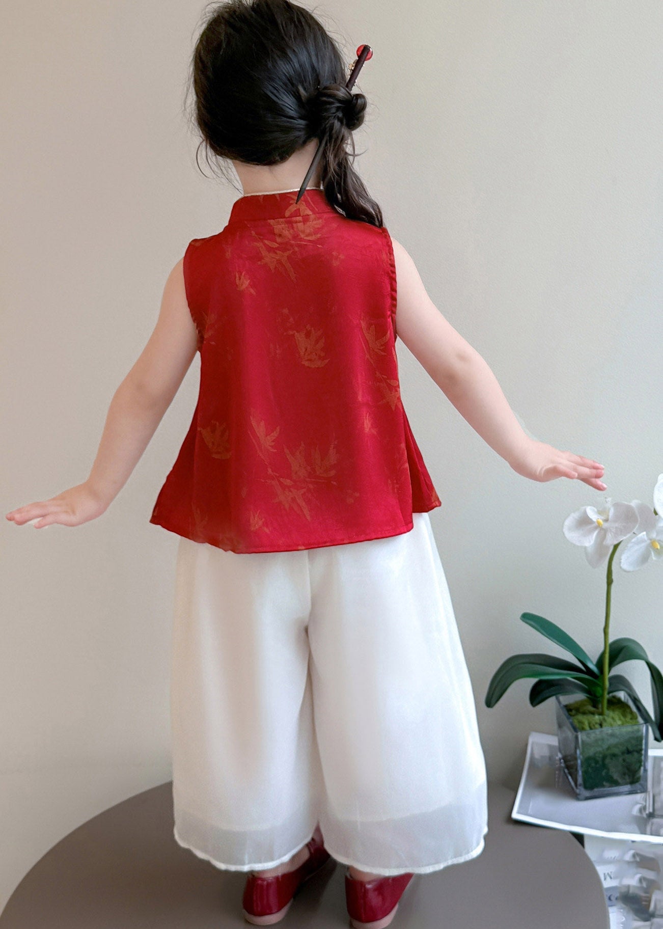 Chinese Style Red Kids Chiffon Top And Wide Leg Pants Two Pieces Set Sleeveless