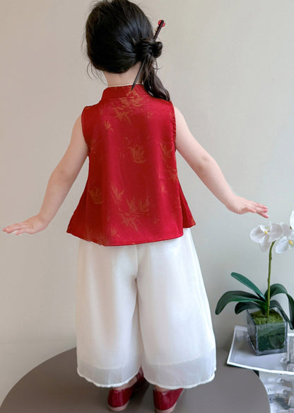 Chinese Style Red Kids Chiffon Top And Wide Leg Pants Two Pieces Set Sleeveless