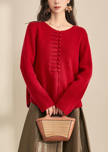 Cárdigan de punto de algodón acogedor con botones y cuello redondo rojo estilo chino para primavera